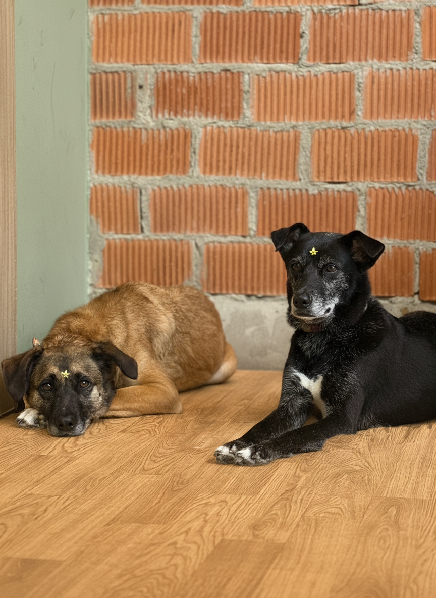 Dos perros relajados en ambiente sin jaulas en Barbacan
