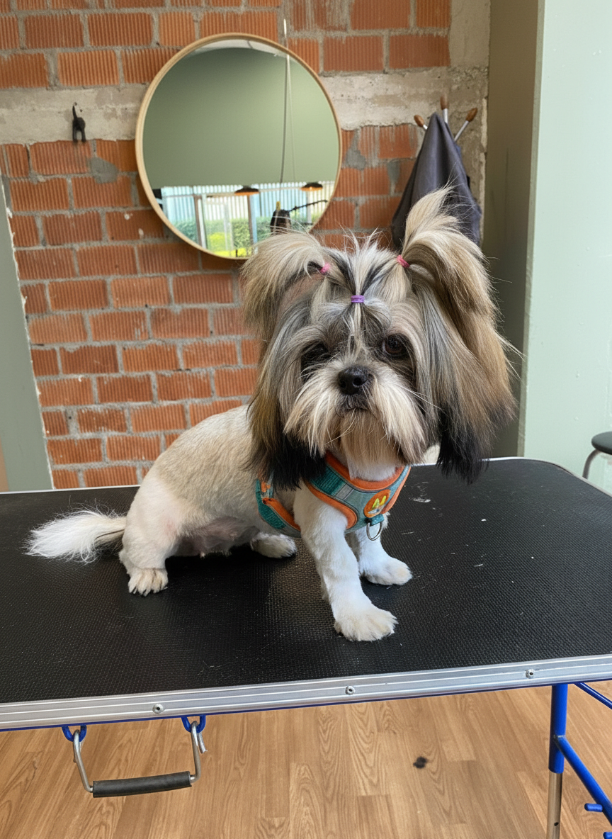 Shih Tzu con accesorios después del grooming SPA en Barbacan