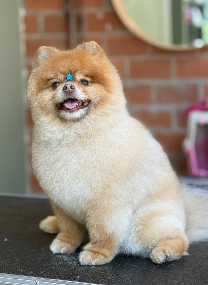 Pomeranian con estrella después del grooming VIP en Barbacan