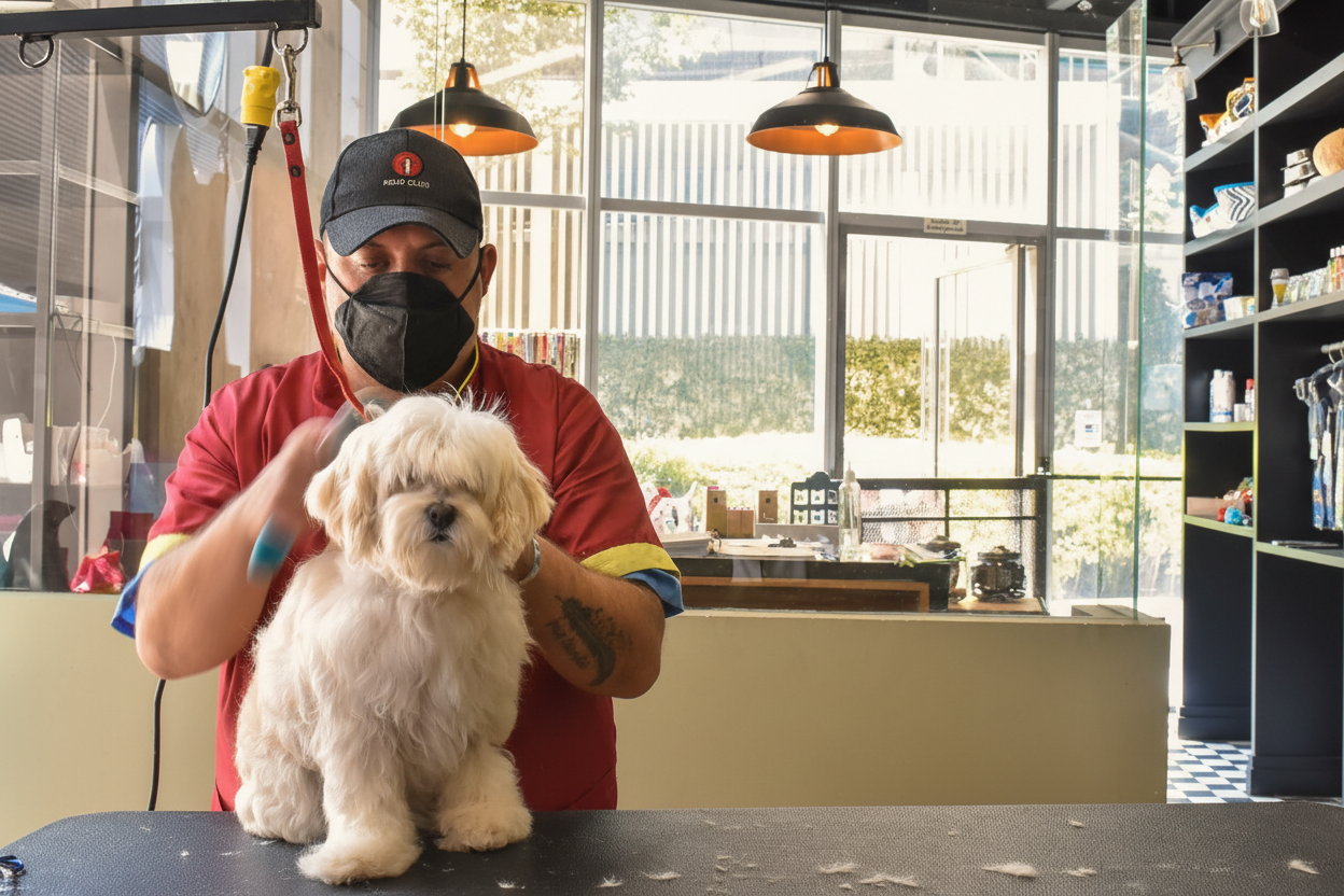 Groomer profesional de Barbacan trabajando con cariño